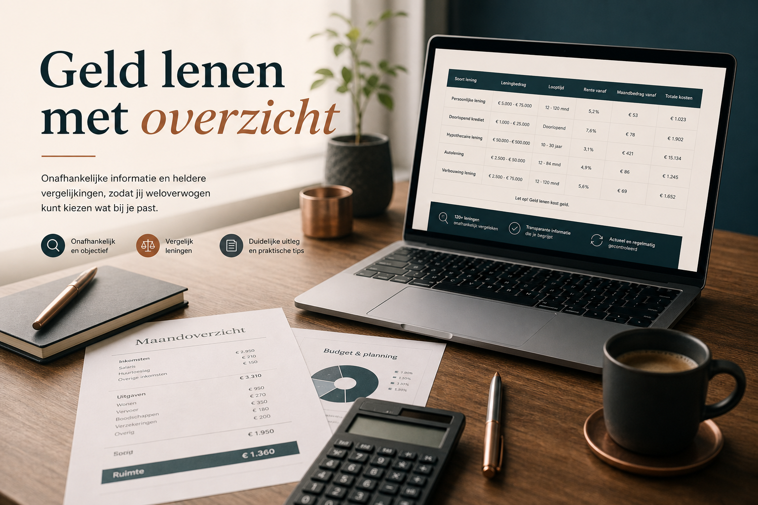 Laptop met vergelijkingstabel, budgetoverzicht en rekenmachine