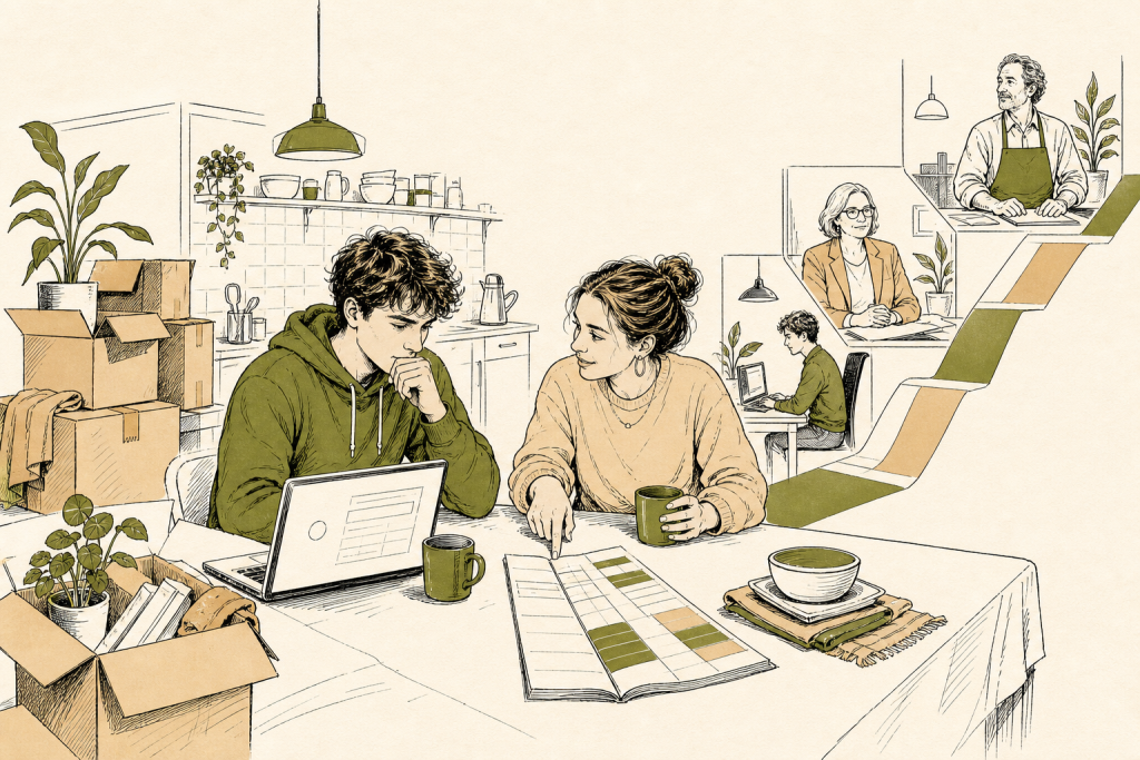 Eerstejaarsstudent vult aan een keukentafel een leenformulier in terwijl een huisgenoot een budgetlijst aanwijst