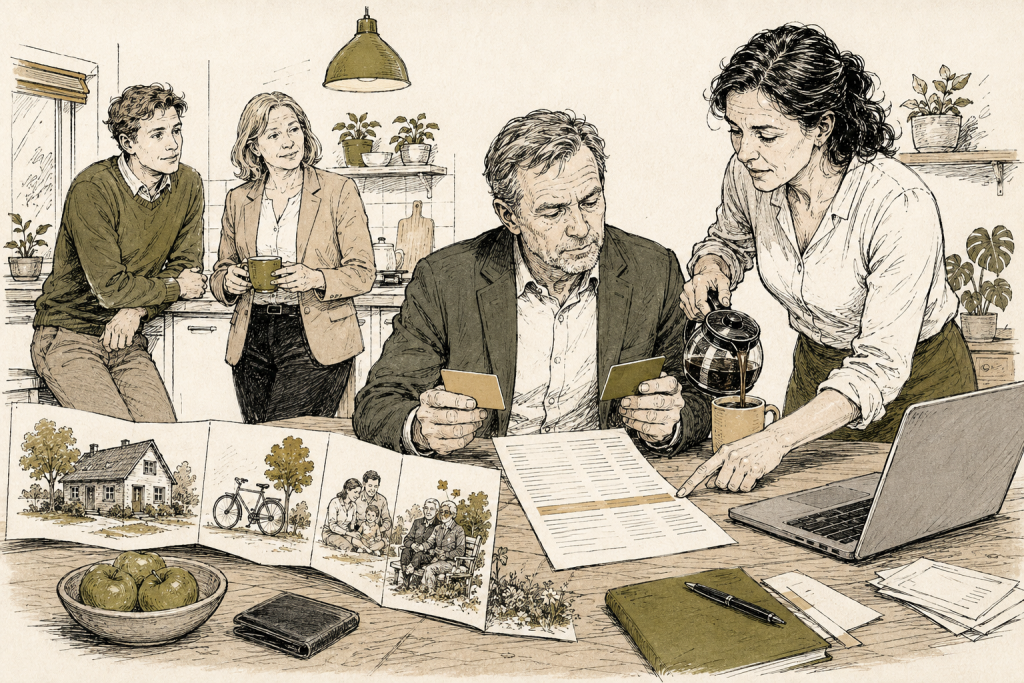 Man aan de keukentafel vergelijkt twee bankpassen naast een bankafschrift