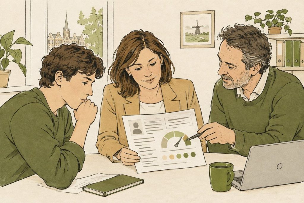 Illustratie van mensen die kredietgegevens en grenzen aan scoring bekijken